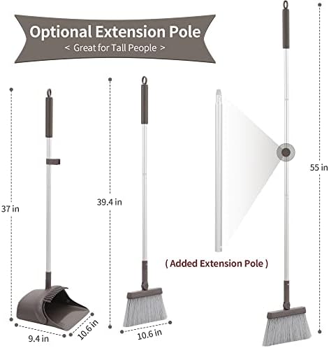 Jekayla Dustpan and Brush Set, Broom and Dust pan with Extendable Long Handle, Upright and Lightweight Household Cleaning Combo for Home Kitchen Room Office Lobby (New Brown)