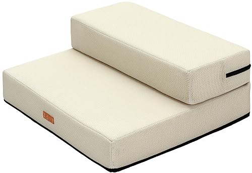 PetStyle ドッグステップ 幅広 55cm 犬 ステップ 階段 ペット保育園&ペットホテル監修 ペット 犬用 犬ステップ 2段 防水 おしゃれ メッシュ生地 ソフトタイプ (クリーム)