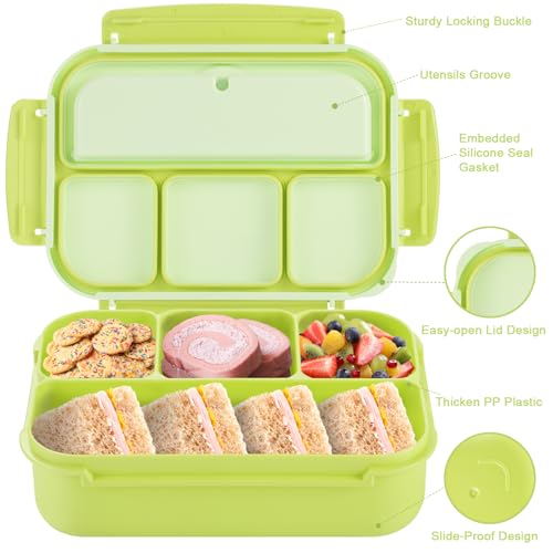 Image of shell and turtle Bento Box Adult Lunch Box, Lunch Containers for Kids Girls Boys with 4 Compartments, Lunchable Food Container with Utensils, Sauce Jar, Muffin Liners, 40 Oz /5 Cup, Bright Green