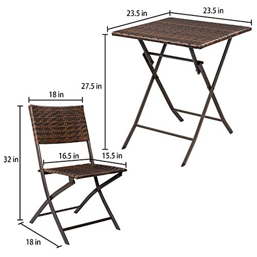 Image of Devoko Patio Bistro Sets Deck Folding Dining Chair & Table 3 Pieces Outdoor Garden Poolside Beach Using Table and Chairs (Brown)