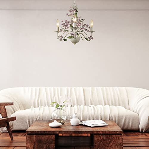 Hanover Rustic Floral Mini Chandelier In Antique Cream And Purple Hanging Light Fixture For Bedroom, Living Room, Hallway, Entryway, Kitchen 3 Lights Hardwire Or Plug-In Swag #TOP3