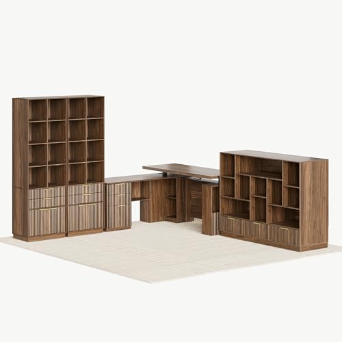 Home Office Furniture Set, 63\'\' L Shaped Standing Desk with 44\'\' Wide Bookshelf and Two 73\'\' Tall Bookcase, Executive Standing Desk with AC/USB, Bookshelf with Drawers, Fluted Style Black Walnut