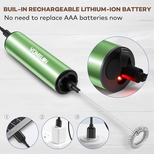 Rechargeable Milk Frother, Electric Coffee Foamer, Handheld Drink Mixer for Latte, Cappuccino, Coffee, Eggs, Hot Chocolate, Protein,Green by VOMELON - Used condition - Image 3