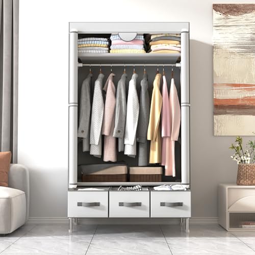 Anmas Power Portable Canvas Wardrobe with 3 Drawers and Shelves, 90 x 45 x 170 cm, Ash White