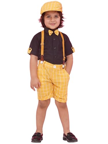 Image of AJ DEZINES Kids Clothing Cotton Blend Checkered Printed Shirt Shorts With Cap and Suspenders Set for Boys