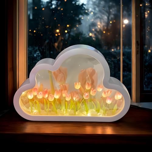 Image of Romantic 3D Tulip Night Light, Simply Elegant Flower Lamp with Wooden Base for Bedroom, Home Decor, Nursery (Tulip)