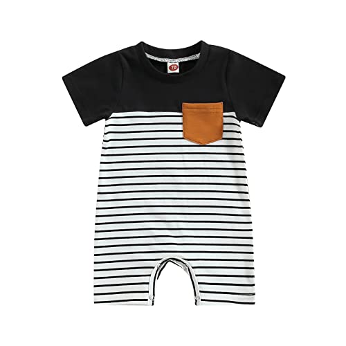 Bagilaanoe Infant Newborn Baby Boys Romper Summer Jumpsuit Short Sleeve Overalls Striped Patchwork Outfit One Piece Clothes (Black, 6-12 Months)
