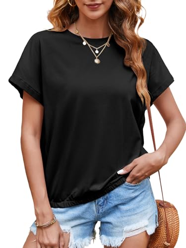 Tankaneo Women Short Cap Sleeve Tops Summer Casual Banded Sweatshirt Crew Neck Loose Fit T-Shirts