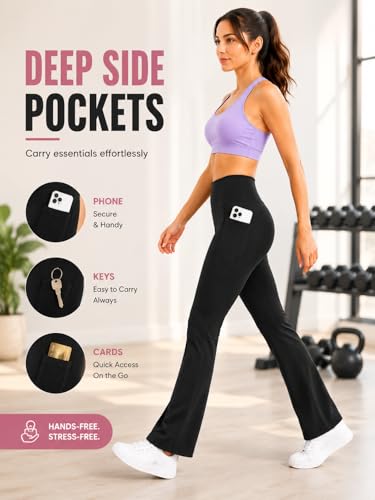 Image of Women's High Waist Bootcut Yoga Pants with Pockets | Flared Leggings for Women | Stretchable Gym Workout Pants | Tummy Control Activewear | Lounge & Travel Wear