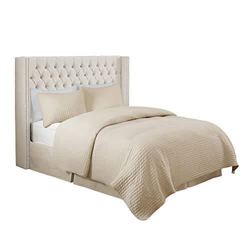 Madison Park Amelia Upholstered Headboard | Nail Head Trim Wingback Button Tufted | King, Cream #TOP4
