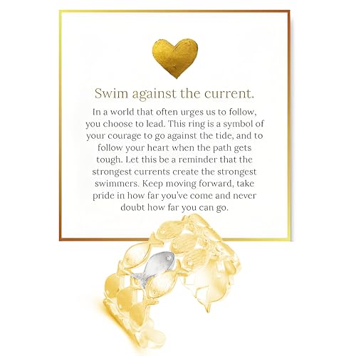 LIU JUN Swim Against The Current Ring, Inspirational Hope Encouragement Spiritual Rings Adjustable Stainless Steel Ring For Best Friend Women Men Jewelry Gifts