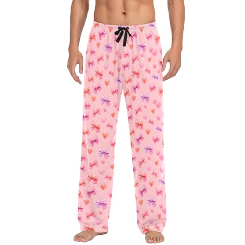 Mens Cotton Pajama Pants Sleep Lounge Pj Bottoms Sleepwear with Pockets Drawstring S Watercolor Bow Heart2
