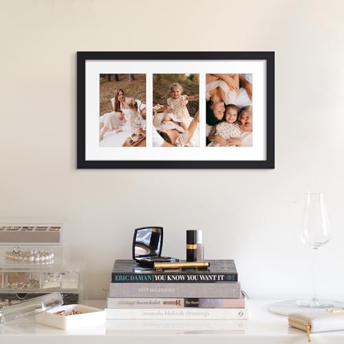 Image of upsimples 8x14 Collage Picture Frame, Display Pictures 3 4x6 with Mat or 8x14 Without Mat, Wall Hanging 3 4x6 Picture Frame Collage Wall Decor, Black, 1 Pack
