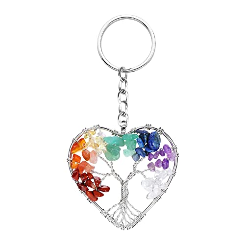 MYBOTA Tree of Life Keyring 7 Chakra Healing Crystal Tumbled Stone Natural Gemstone Car Key Chain Reiki Healing Keychain for Friendship Women Men Girls Bikes Home