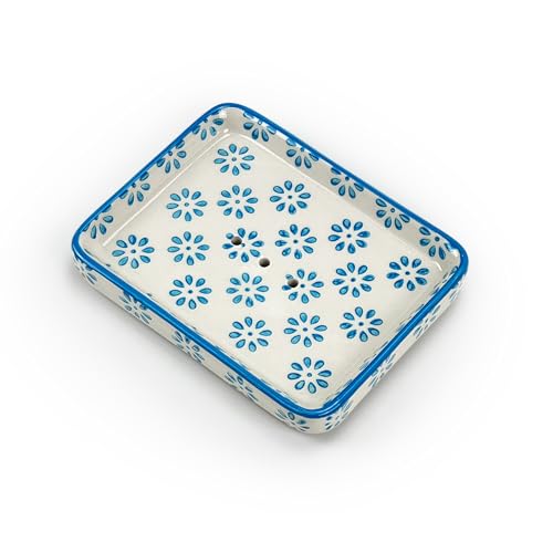 PARUSIA Portasapone doccia, ceramica 4 diversi modelli, Portasapone bagno, Sapone Mani, Saponetta, Saponette, Porta Sapone, Shampoo solido (Fiori azzurri)