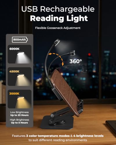 Image of Book Stand with Reading Light, 360 Rotating Book Holder for Desk, Foldable Cookbook Stand with Page Clips, Height & Angle Adjustable Reading Stand for Textbooks, Tablets