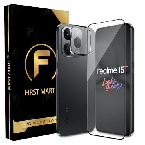 Image of FIRST MART Tempered Glass for Realme 15T 5G with Black Camera Ring Guard & Installation Kit | HD Clear Edge-to-Edge Screen Protector, Scratch Resistant, Case-Friendly | Pack of 1