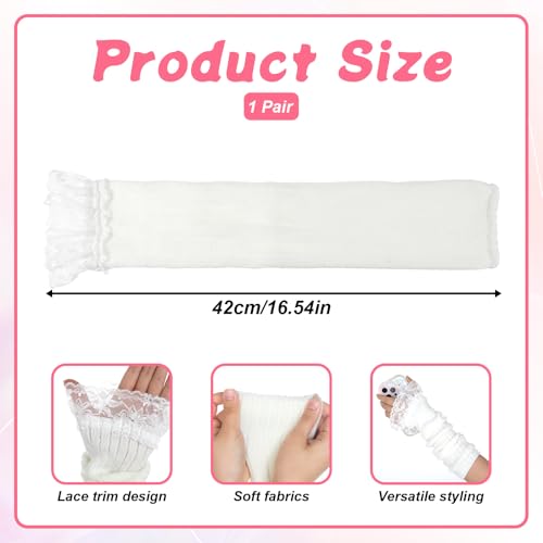 ZEYIYER White Lace Arms Sleeves, Long Fingerless Arm Warmers, Autumn Winter Cute Knitted Arm Covers for Women (16.5 inch) - Thumbnail 2