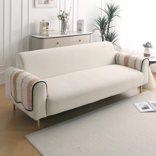 Image of HOKIPO Luxury Wavy Plush Anti-Slip Sofa Armrest Covers | 1 Pair - Desert Brown (AR-5979-BR*2)