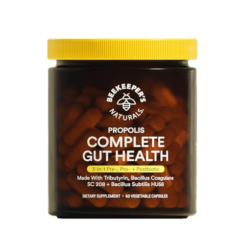 Beekeeper's Naturals Complete Gut Health, 3-in-1 Prebiotic, Postbiotic, Probiotics for Digestive Health & Bloating Relief for Women & Men, Propolis Powered, Gluten-Free Vegan Capsules, 60ct