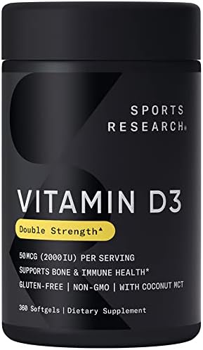 Sports Research Vitamin D3 (2000iu/50mcg) Infused with Coconut Oil ~ Non-GMO & Gluten Free (360 Mini Liquid Softgels)
