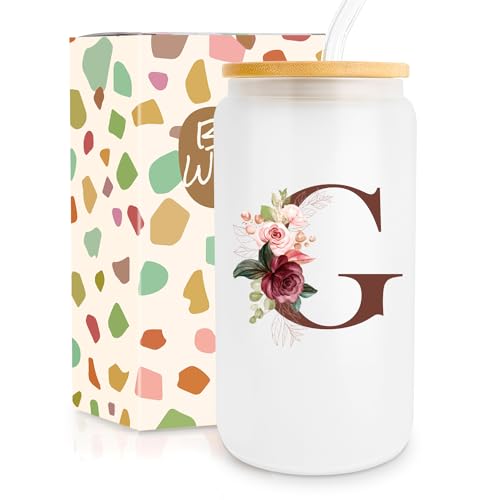 Birthday Gifts for Women, Personalized Gifts for Women, Monogrammed Initial Glass Cup - 16oz Glass Cups with Lids and Straws, Iced Coffee Cup, Beer Can Shaped Glass - Personalized Christmas Gifts G