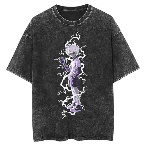 Image of Killua Zaoldyeck T-Shirt Anime Old Vintage Washed T-Shirt Gon Freecss Cosplay Streetwear Hip Hop Tee Casual T Shirt for Men Women