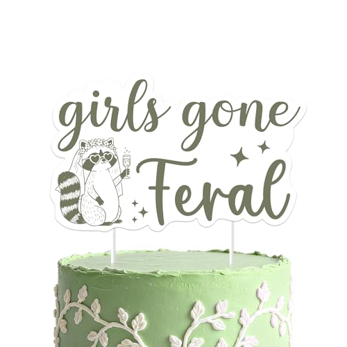 Raccoon Cake Topper, Green Raccoon Theme Girls Gone Feral Cake Pick Wild Animal Bride Floral Cocktail Cake Decoration for Bachelorette Party Bridal Shower Wedding Supplies