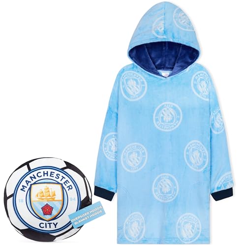 MANCHESTER CITY F.C. - Manta con capucha para niños y adolescentes, acogedora, de forro polar, cálida y de gran tamaño, con capucha para aficionados, regalos de fútbol para niños, Bolsa azul, One Size