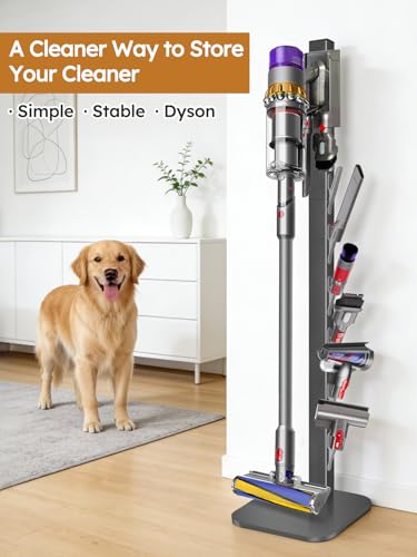 Image of Vacuum Stand for Dyson V16 Gen5 V15 V12 V11 V10 V8 V7 V6, Freestanding No-Drill Floor Stand w /6 Hooks, Cord Management & Heavy-duty Metal Weighted Base, Vacuum Attachment Organizer, Dark Gray