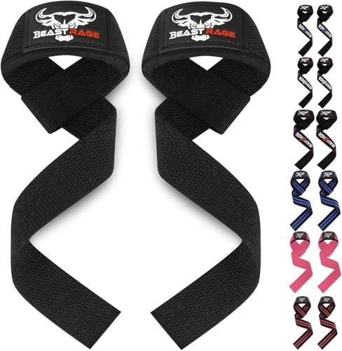 BEAST RAGE Lifting Wrist Straps for Weightlifting, Straps Gym Grip Power Workouts Lifting Straps Padded Cotton Men Women Wrap Lift, Deadlift Bodybuilding Weight Lifting Exercise Straps (Black)