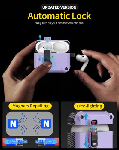 Image of Pohgelan for AirPods Pro 3 Case with Safety Lock-Purple | Carbon Fiber Texture Cover,Magnetic Automatic Lock with Cleaning Kit&Keychain,Compatible with Magsafe