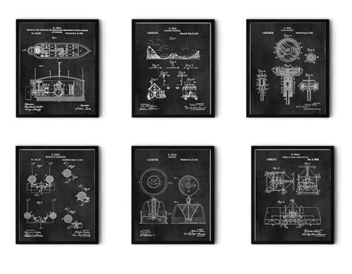 Framed Set of 6, Nikola Tesla Inventions Figure Patent Prints Wall Art Decor Chalkboard Gift Men Engineers Inventor Electronics and Engineering College Students (8x11)