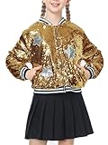 LOLANTA Girls Metallic Sequin Baseball Jacket Varsity Jacket Bomber Clothes Halloween (Gold,14-16)