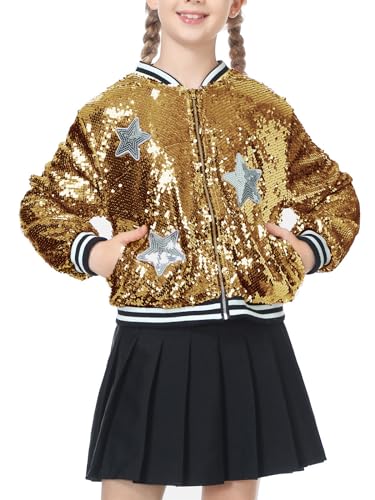 Image of LOLANTA Girls Sequin Jacket, Long Sleeve Kids Bomber Coats with Pockets, Spring Fall Outfits for 4-15 Years
