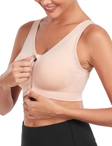 Women's Zip Front Sports Bra Wireless Post-Surgery Bra Active Yoga Sports Bras - Thumbnail 4