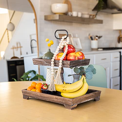 Stylish Two Tiered Tray Wooden Farmhouse Tiered Tray For Fall Halloween Christmas Décor 2 Tiered Serving Tray/Stand With Two Metal Handles Wooden Bead Garland-Rustic Brown #TOP7