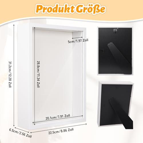 3D Bilderrahmen zum Befüllen Tiefer 5cm, Holz-Schattenbox 31x22,5 cm, Objektrahmen für Wand & Desktop, Befüllen für Fotos, Trockenblumen, Objekte, DIY Kunstwerke (Weiß)