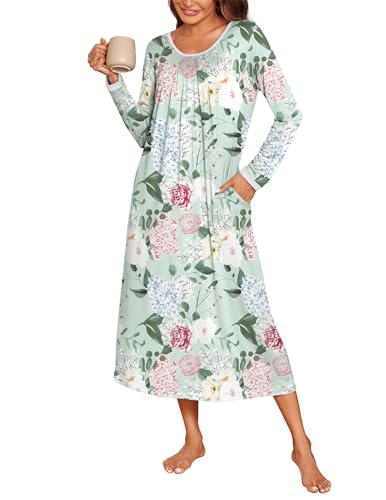 Ekouaer Long Nightgowns for Women Long Sleeve Sleepwear Full Length Sleep Shirts Floral Print Pajamas Dress With Pockets