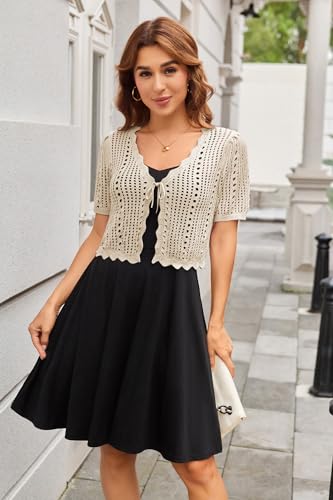 Image of Kate Kasin Women Crochet Shrug Knit Sweater, Short Sleeve Cropped Cardigan | Tie Front Tops Light Weight, Knit Cover Up Arm Bolero For Evening Dresses Dressy Casual, Ladies Eyelet Shawl Thin Formal