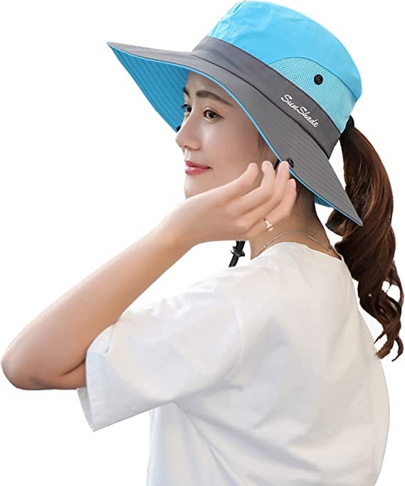 alexvyan Blue Sunshade Ponytail Crown Venting Wide Brim Round Mesh Hat Sun Visor,UV Protection Summer Hat Breathable Casual Beach Safari Hat Sun Protection Cap for Women Foldable Adjustable-picture-34