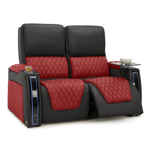 Image of Seatcraft Apex Red /Black Italian Leather Home Theater Seating, Zero Gravity Power Recliner Chair, Powered Headrest and Lumbar Gaming and Lounge Sofa Furniture for Cinema Room, Row of 2 Loveseats