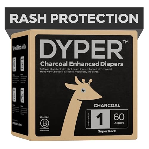 Image of DYPER Charcoal Enhanced Diapers | Baby Diapers from Plant-Based* & Honest Materials | Day & Overnight Diapers | Disposable Diapers for Sensitive Skin (Size 1, 60, Count)