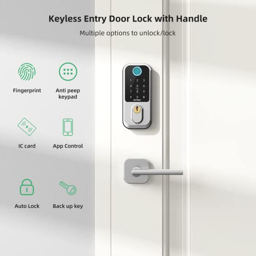 Smart Door Lock Set For Front Door, Nutomo Keyless Fingerprint Entry Door Lock With Handle, Electronic Deadbolt Digital Keypad For Home Bedroom, Bluetooth App Control Auto Lock Ic Card Fob, Silver #TOP1