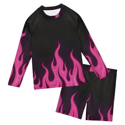 Bañador de 2 piezas infantil rosa llama y negro con mangas largas y protección solar para niños