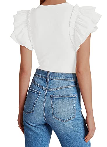 MISSJOY Womens V Neck Ruffle Short Sleeve Ribbed Slimming Basic Bodysuit Leotards Tops Blouses2
