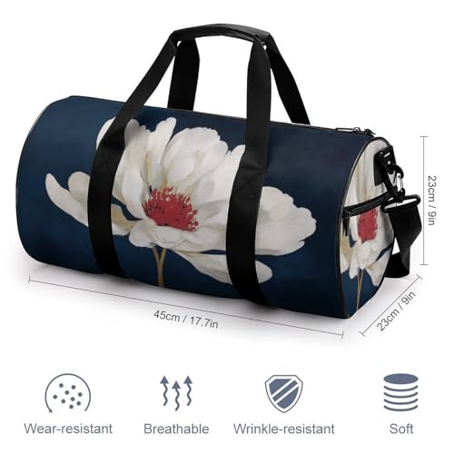 Large Single White Flower Travel Gym Bag for Women Men Cylindrical Duffle Bag Sport Workout Bag with Shoulder Strap2