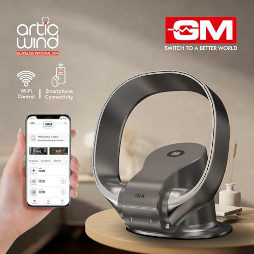Image of GM Artic Wind Bladeless Personal Fan with Digital Display, Remote Access, Purifies Air & Eliminates Odour, 9-Speed BLDC Motor, Wi-Fi Control, Table /Wall Mount, 8 Hours Timer, 25-Month Warranty - Grey