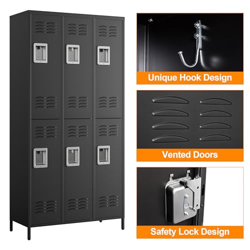 Image of Metal Locker with 6 Doors, 72 inch Storage Lockers for Employees - Employees Locker for School, Gym, Home, Office, Garage Black