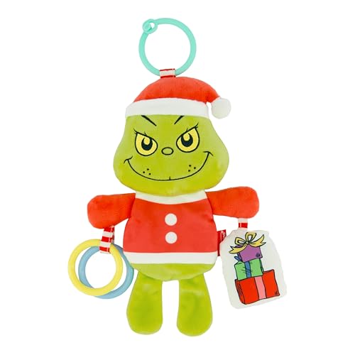 Infantino Activity Pal The Grinch, Baby Sensory Clip-On Toy with Crinkle Body, Rattling Presents & Clacker Rings, Stroller & Car Seat Companion, Holiday Baby Gift & Stocking Stuffer